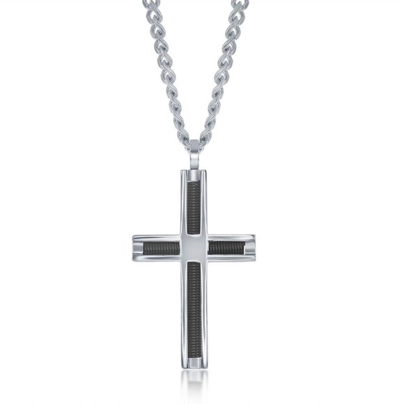 Stainless Steel Black Wire Cross Pendent W/Chain